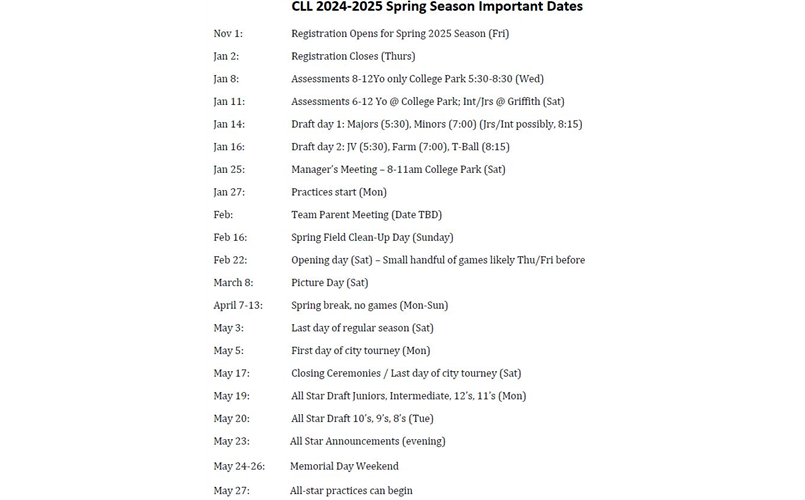 2025 Spring Key Dates