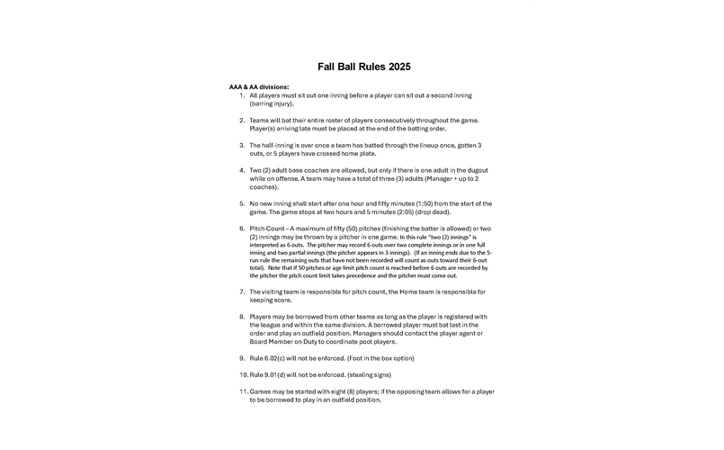 2025 Fall Ball Rules